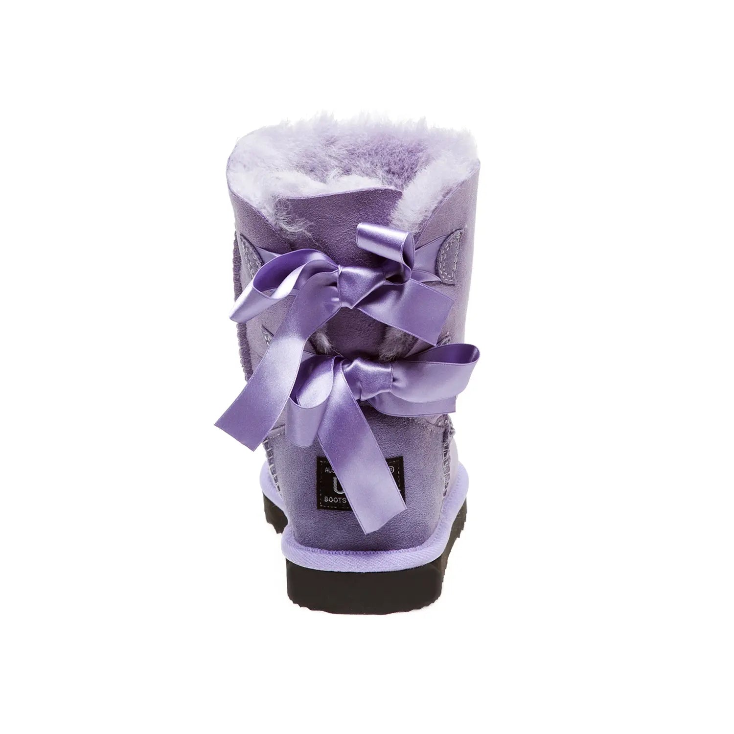 Classic Back Bows UGG boots Lilac Color made in Australia from premium Australian double-face sheepskin with two satin ribbon bows at the back, stylish short fashion UGG boots for women, water-resistant, warm and cozy with durable EVA rubber sole for indoor and outdoor wear
