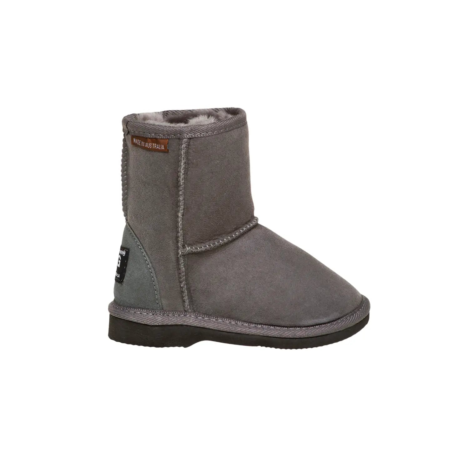 Classic Kids UGG boots Grey Color made in Australia from premium Australian double-face sheepskin, timeless children’s UGG boots for everyday wear, warm and cozy with durable sole, stylish and comfortable sheepskin boots for school, play, indoor and outdoor use.
