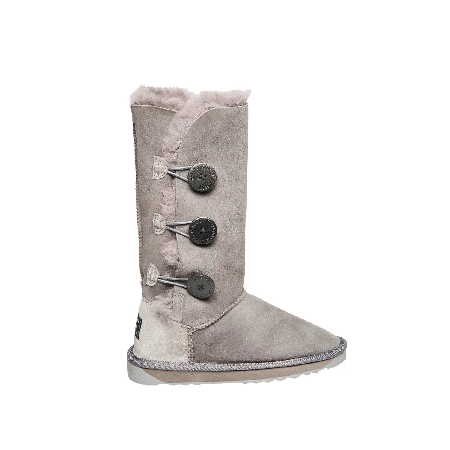 3-Button UGG boots made in Grey Color Australia from premium Australian double-face sheepskin, stylish tall UGG boots with three decorative side buttons, warm and cozy sheepskin UGGs for women, water-resistant with durable sole for indoor and outdoor wear