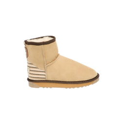 Mini Henry UGG Boots Natural/Sand Color made in Australia from premium Australian double-face sheepskin, unisex mini UGG boots with back heel stripes and top buckle, durable 2-ply EVA rubber sole, water-resistant cozy sheepskin footwear for indoor and outdoor wear