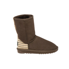 Henry UGG Boots Chocolate Color made in Australia from premium Australian double-face sheepskin, unisex short UGG boots with heel stripes and buckle detail, durable 2-ply EVA rubber sole, water-resistant warm and cozy sheepskin footwear for indoor and outdoor wear.