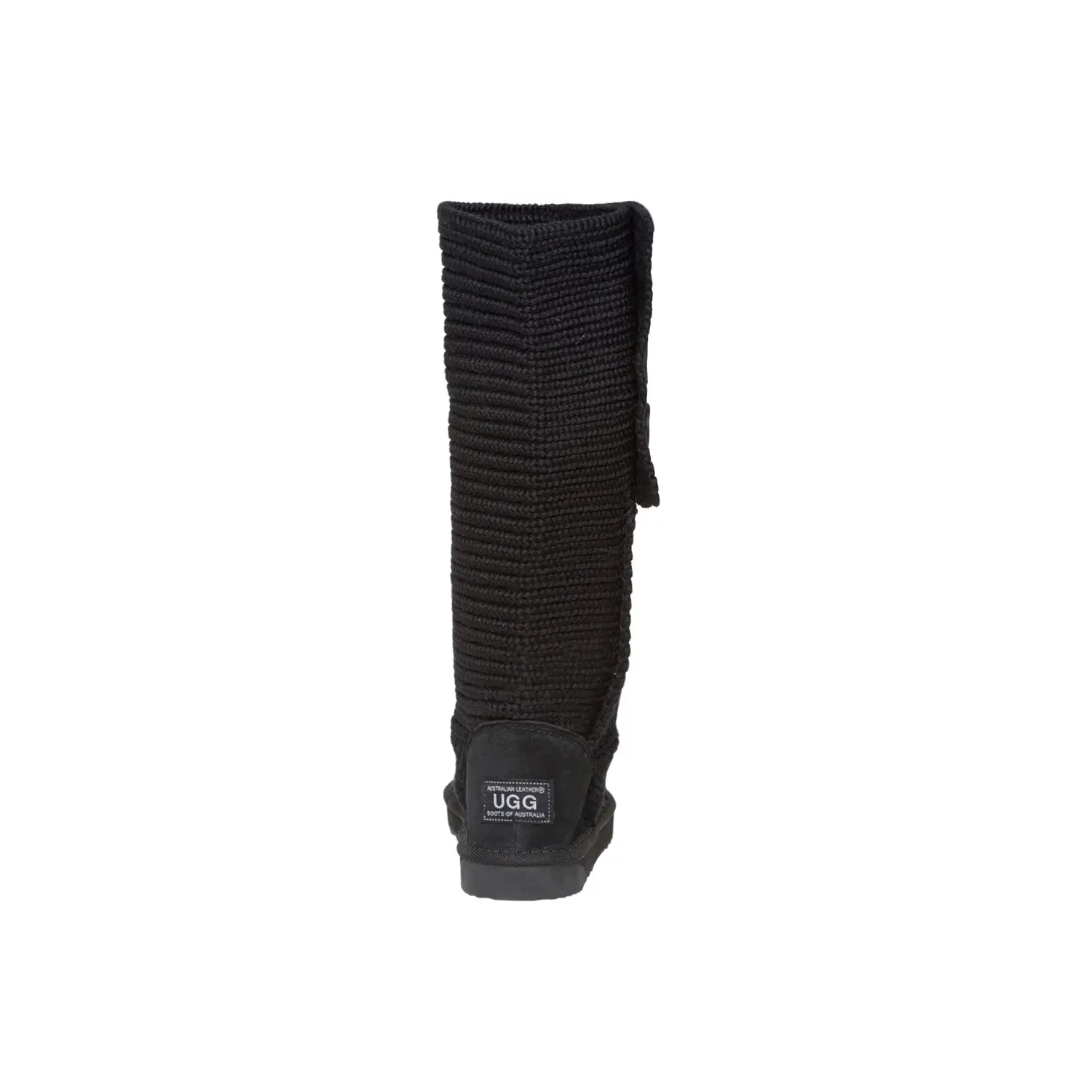 Knitted Tall UGG boots Black color made in Australia from premium Australian sheepskin with three decorative buttons, stylish tall fashion UGG boots for women, water-resistant, warm and cozy with durable EVA rubber sole for indoor and outdoor wear.