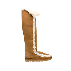 Long Igloo UGG Boots Chestnut Color made in Australia from premium Australian double-face sheepskin, stylish tall sheepskin boots with crochet binding detail, warm and cozy water-resistant UGG boots with durable EVA sole for indoor and outdoor wear