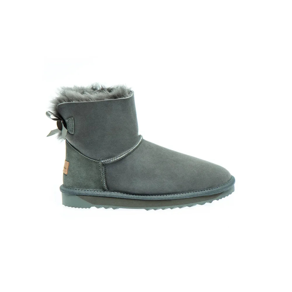 Mini Back Bows UGG Boots Grey Color made in Australia from premium Australian double-face sheepskin, short fashion sheepskin boots with satin ribbon bow detail, stylish water-resistant UGG boots with durable 2-ply EVA sole for indoor and outdoor wear