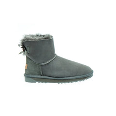 Mini Back Bows UGG Boots Grey Color made in Australia from premium Australian double-face sheepskin, short fashion sheepskin boots with satin ribbon bow detail, stylish water-resistant UGG boots with durable 2-ply EVA sole for indoor and outdoor wear