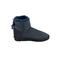 Mini Back Bows UGG Boots Navy Color made in Australia from premium Australian double-face sheepskin, short fashion sheepskin boots with satin ribbon bow detail, stylish water-resistant UGG boots with durable 2-ply EVA sole for indoor and outdoor wear