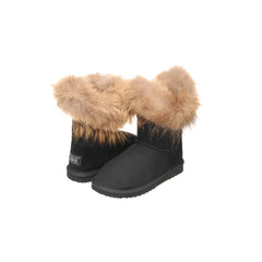 Short Top Foxy UGG Boots Black Color made in Australia from premium Australian double-face sheepskin, stylish short UGG boots with foxy-fur trim, warm and cozy water-resistant sheepskin boots with durable EVA sole for indoor and outdoor wear