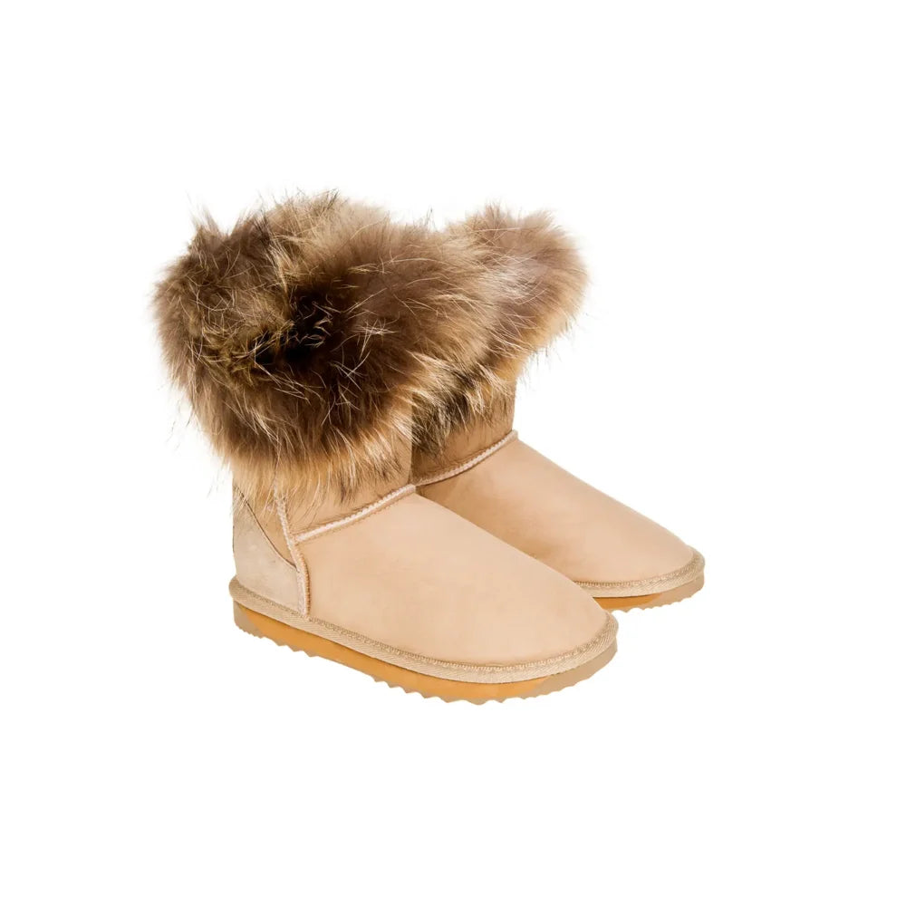 Short Top Foxy UGG Boots Natural/Sand Color made in Australia from premium Australian double-face sheepskin, stylish short UGG boots with foxy-fur trim, warm and cozy water-resistant sheepskin boots with durable EVA sole for indoor and outdoor wear