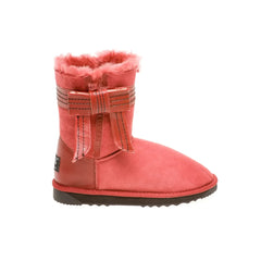Side Bow UGG Boots Ruby Color made in Australia from premium Australian double-face sheepskin, short fashion UGG boots with napa side bow detail, warm and cozy water-resistant sheepskin boots with durable EVA sole for indoor and outdoor wear