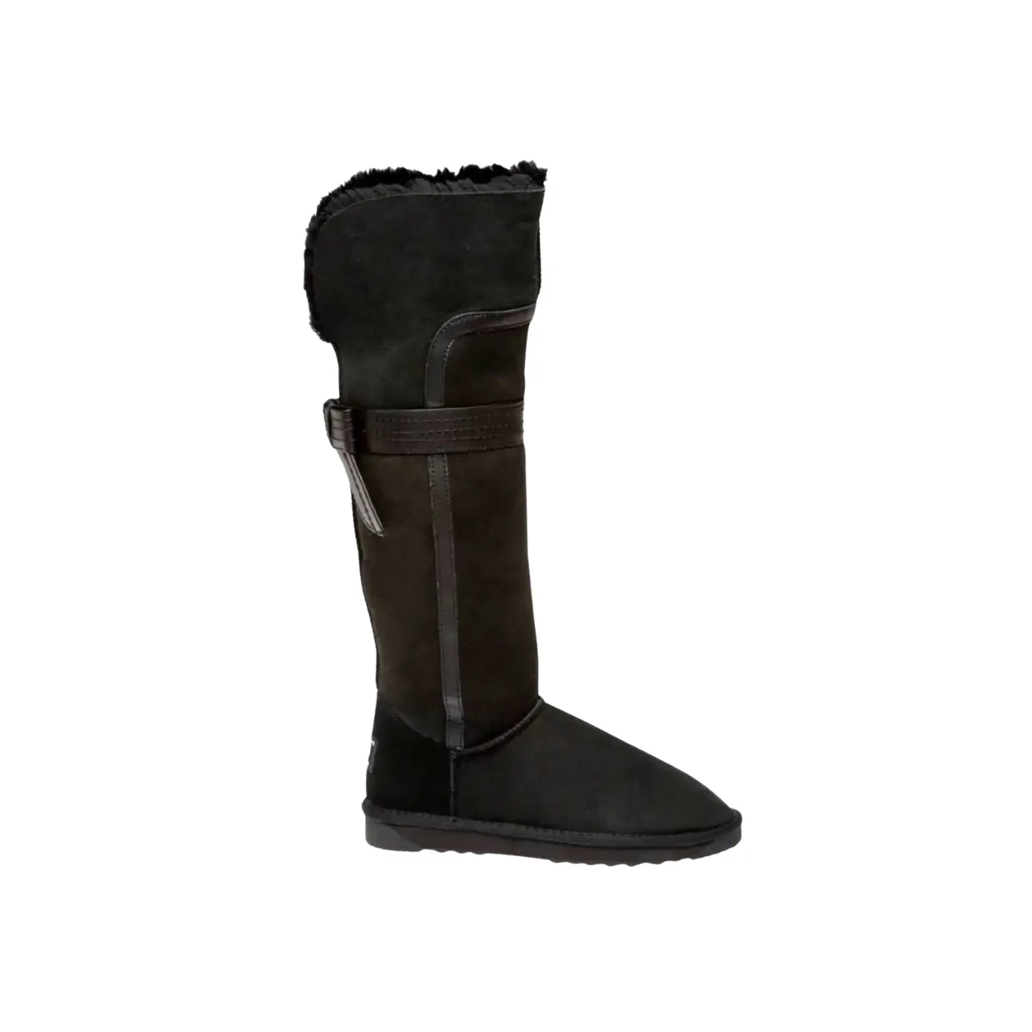 Tall Back Bow UGG Boots Black Color made in Australia from premium Australian double-face sheepskin, extra-long UGG boots with napa strips and bow detail, stylish water-resistant sheepskin boots with durable 2-ply EVA sole for indoor and outdoor wear