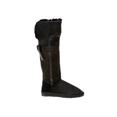 Tall Back Bow UGG Boots Black Color made in Australia from premium Australian double-face sheepskin, extra-long UGG boots with napa strips and bow detail, stylish water-resistant sheepskin boots with durable 2-ply EVA sole for indoor and outdoor wear