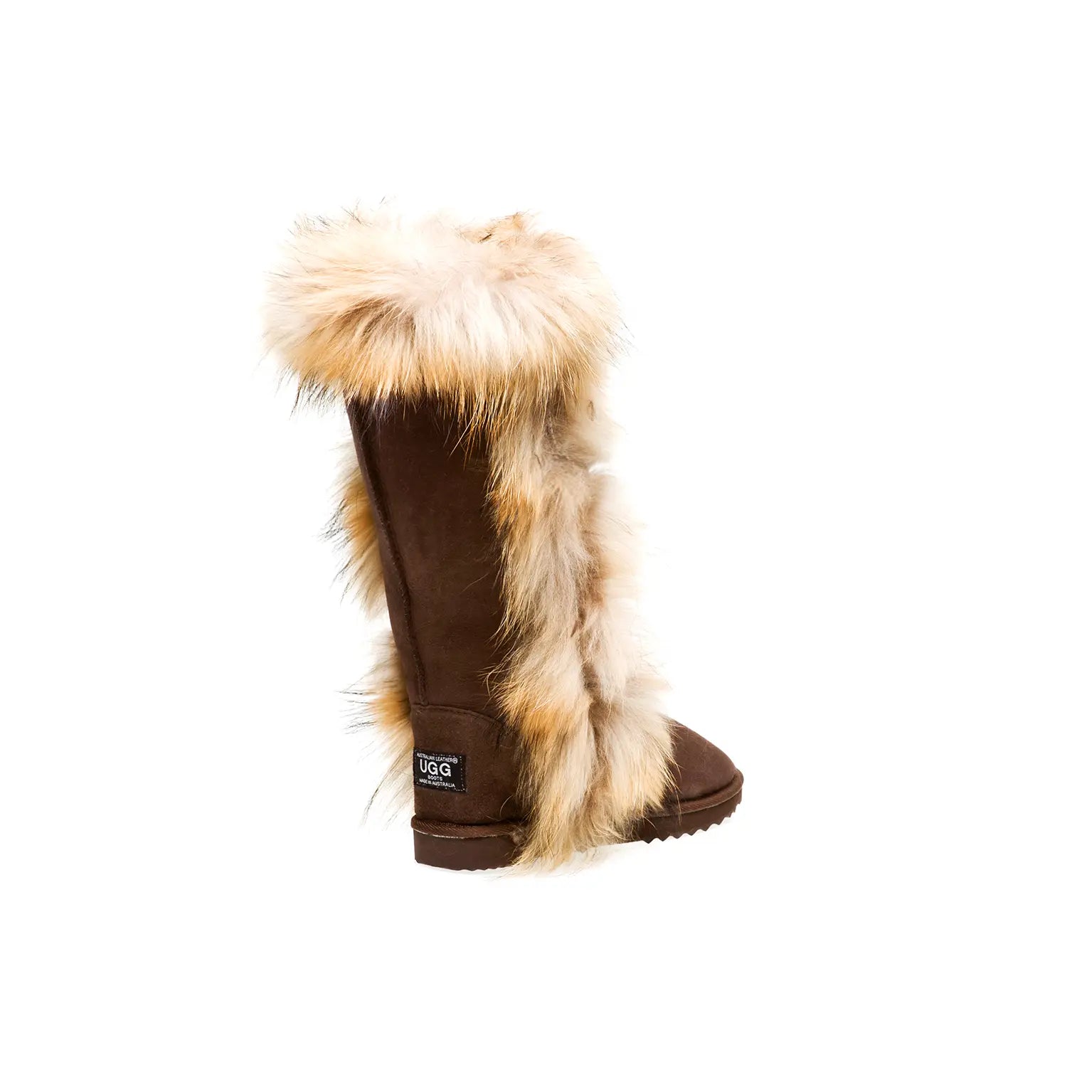 Tall Foxy UGG boots made Chocolate Color in Australia from premium Australian double-face sheepskin with foxy fur trimming, stylish long sheepskin boots for women, water-resistant UGGs with durable EVA sole, warm and cozy luxury UGG boots for indoor and outdoor wear.