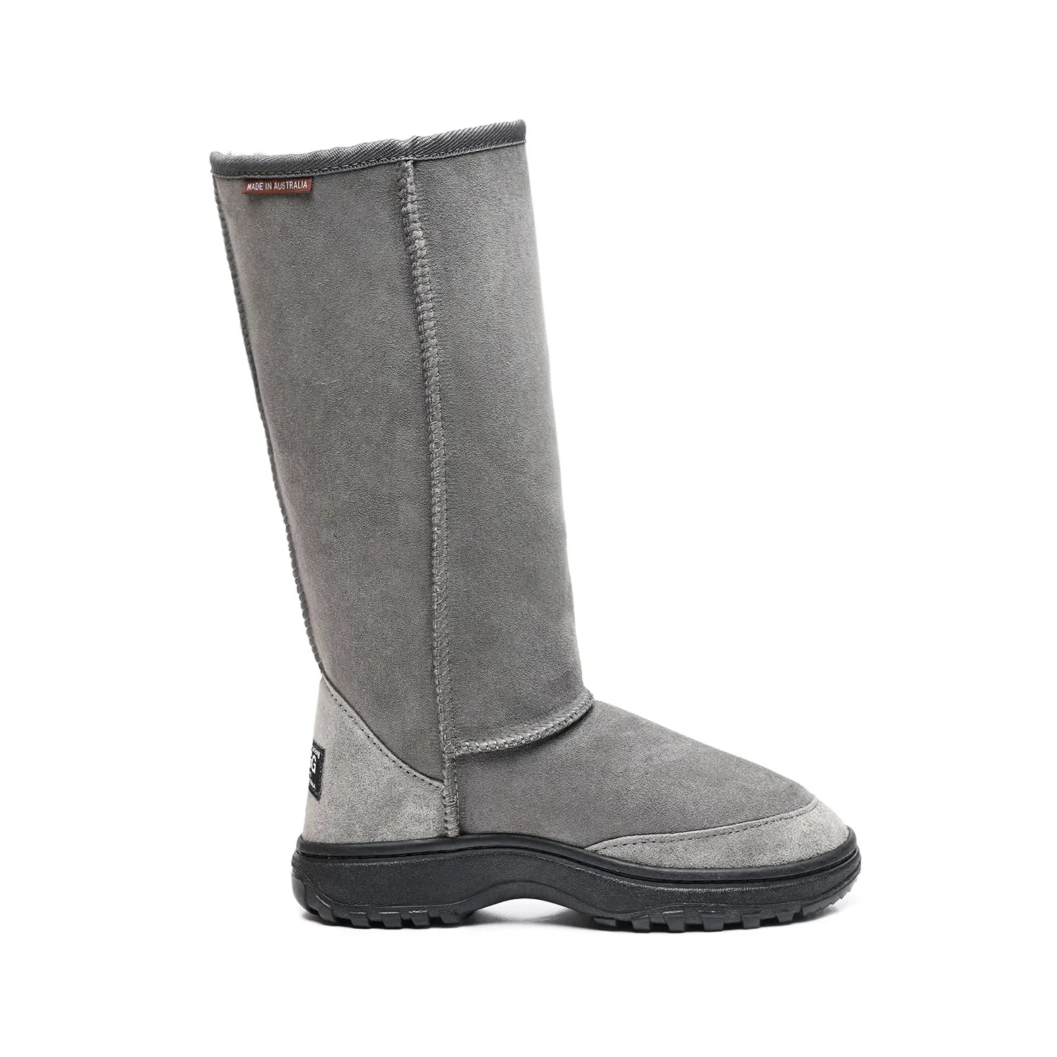 Tall outdoor unisex UGG boots Grey Color made in Australia with premium double-face sheepskin, dual outdoor rubber sole, water-resistant sheepskin, durable heel support, warm and cozy boots for walking and rough surfaces.
