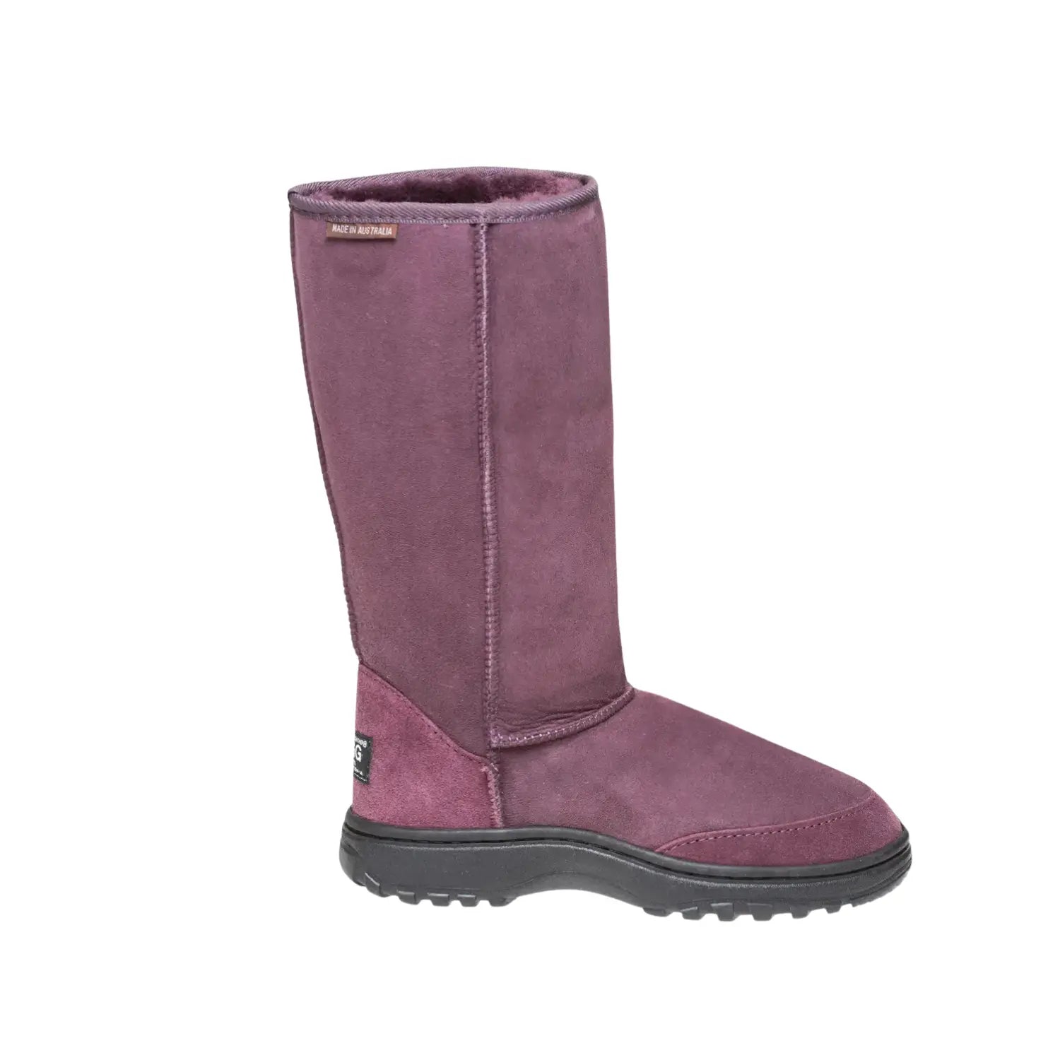Tall outdoor unisex UGG boots Raisen Color made in Australia with premium double-face sheepskin, dual outdoor rubber sole, water-resistant sheepskin, durable heel support, warm and cozy boots for walking and rough surfaces.